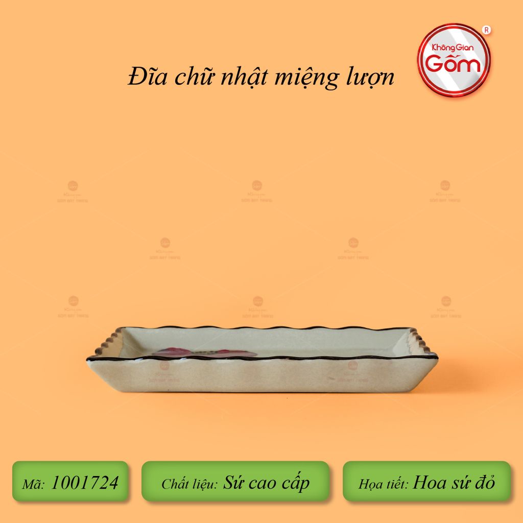 Đĩa Chữ Nhật Miệng Lượn Hoa Sứ Đỏ