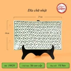 Đĩa Chữ Nhật Men Xanh Ngọc Vẽ Bèo