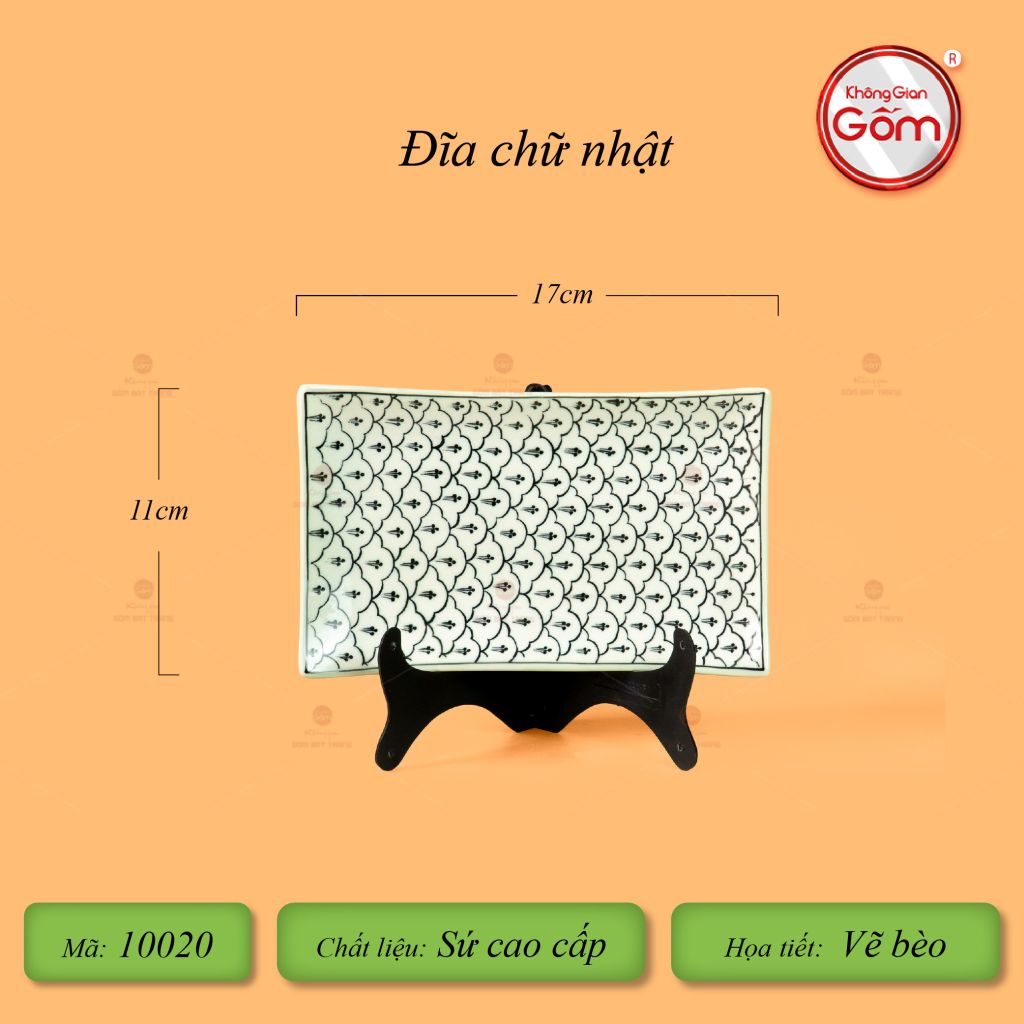 Đĩa Chữ Nhật Men Xanh Ngọc Vẽ Bèo