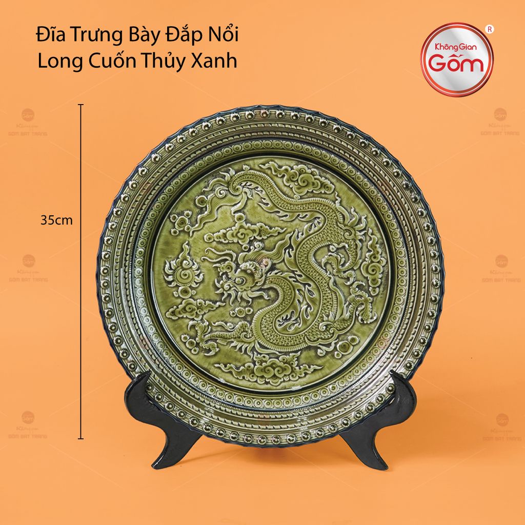 Đĩa Trưng Bày Đắp Nổi Long Cuốn Thủy Xanh