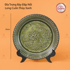 Đĩa Trưng Bày Đắp Nổi Long Cuốn Thủy Xanh