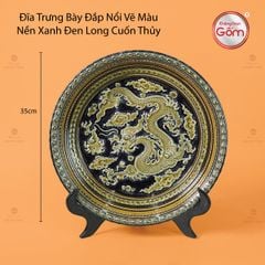 Đĩa Trưng Bày Đắp Nổi Vẽ Màu Nền Xanh Đen Long Cuốn Thủy