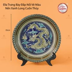 Đĩa Trưng Bày Đắp Nổi Vẽ Màu Nền Xanh Long Cuốn Thủy