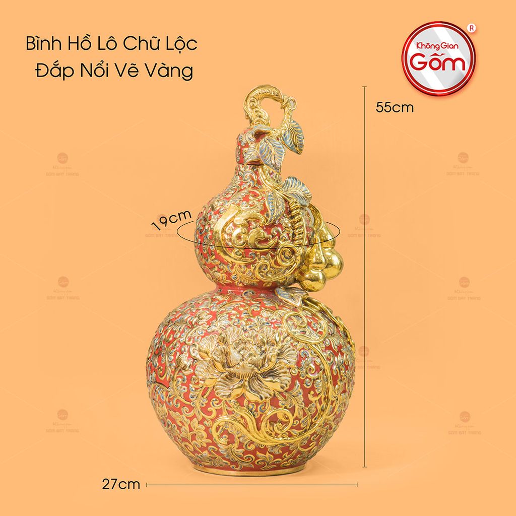 Bình Hồ Lô Chữ Lộc Đắp Nổi Vẽ Vàng