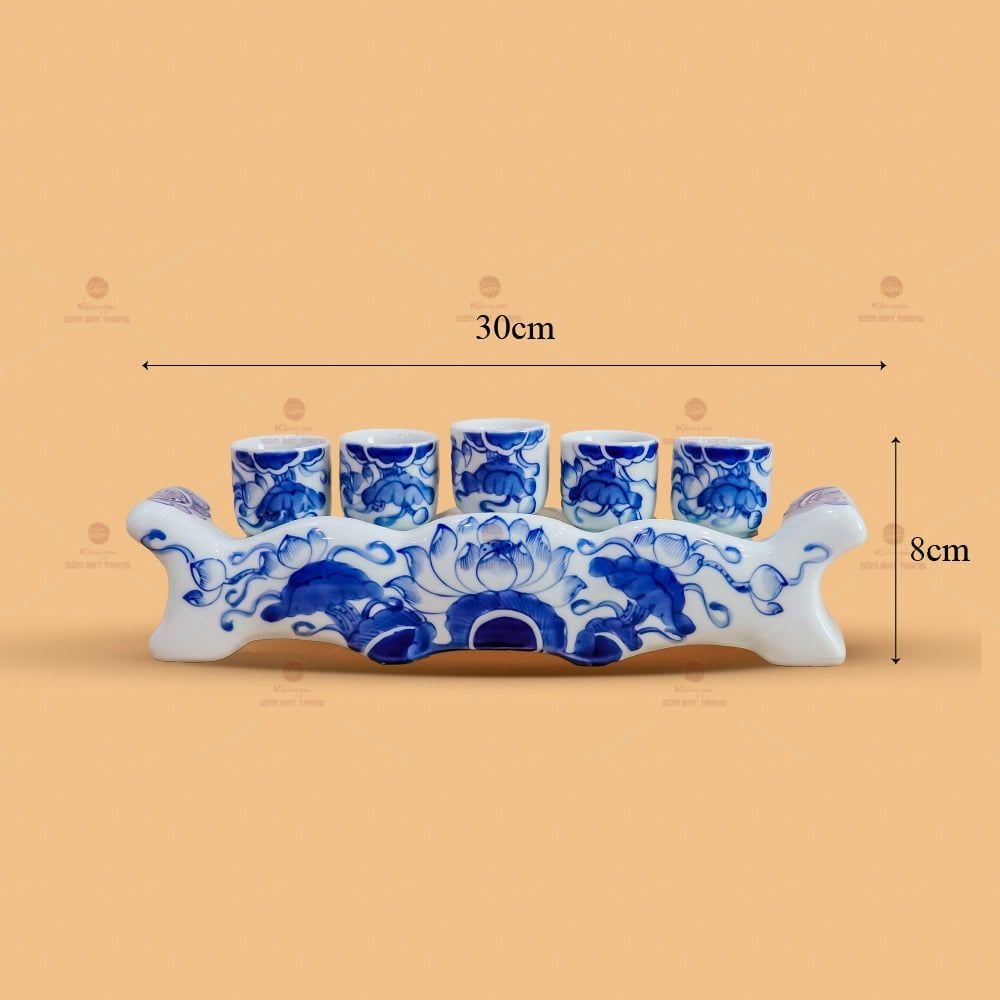 Kỷ Ngai 5 Chén Thờ Men Lam Tiết Hoa Sen