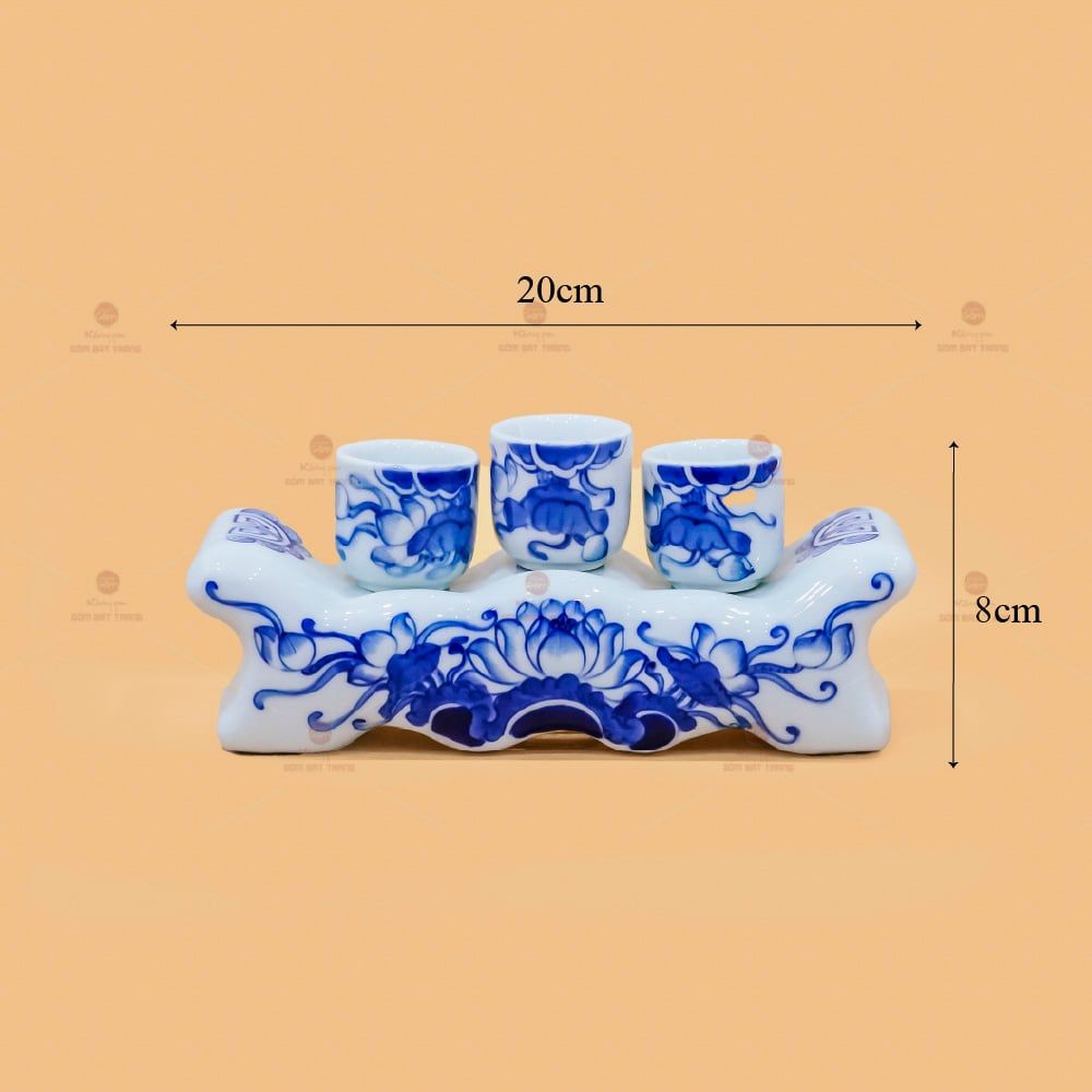Kỷ Ngai 3 Chén Thờ Men Lam Tiết Hoa Sen