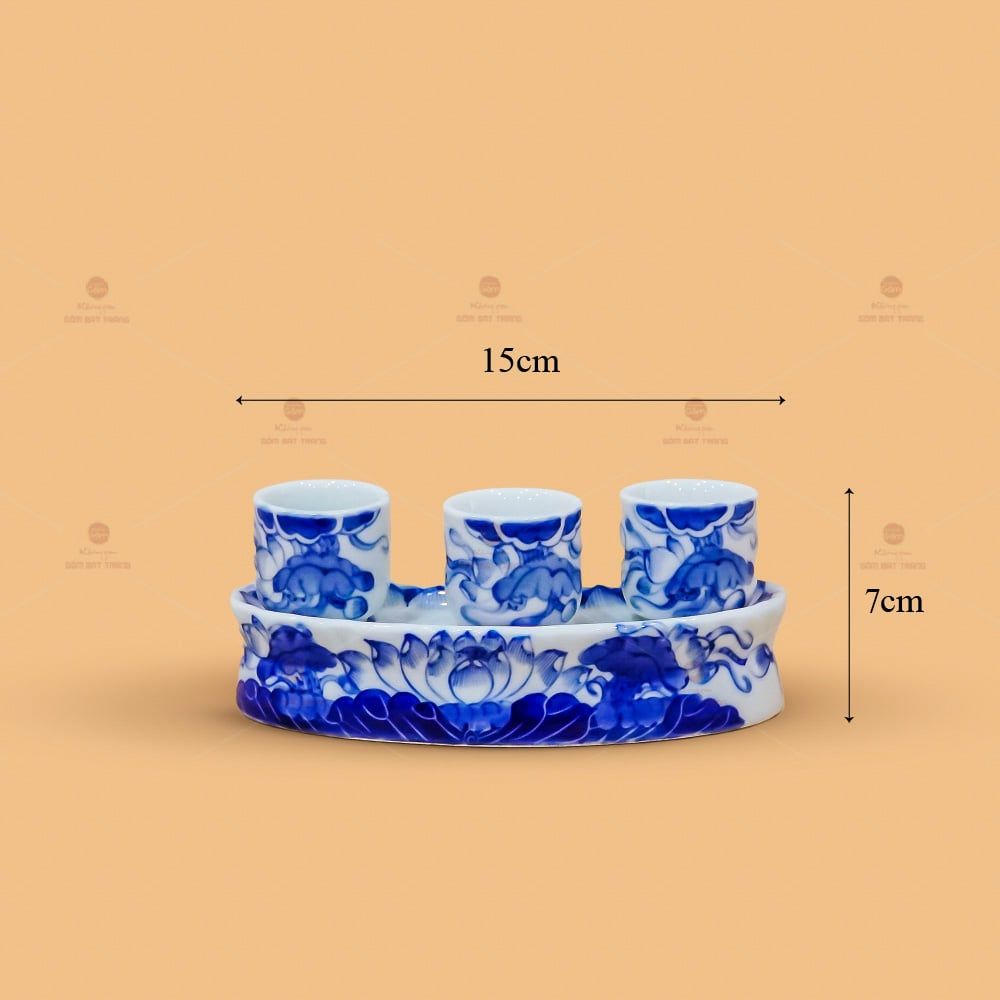 Kỷ 3 Chén Thờ Men Lam Họa Tiết Hoa Sen