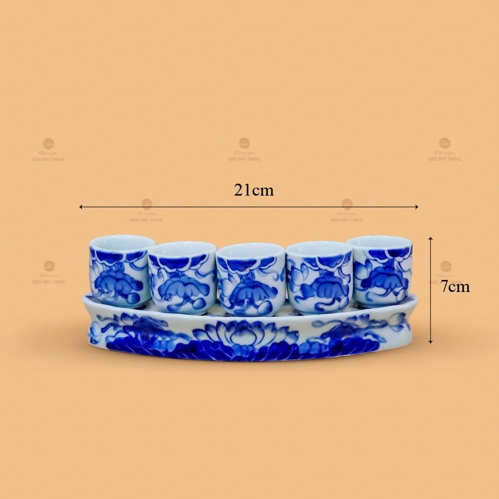 Kỷ 5 Chén Thờ Men Lam Họa Tiết Hoa Sen