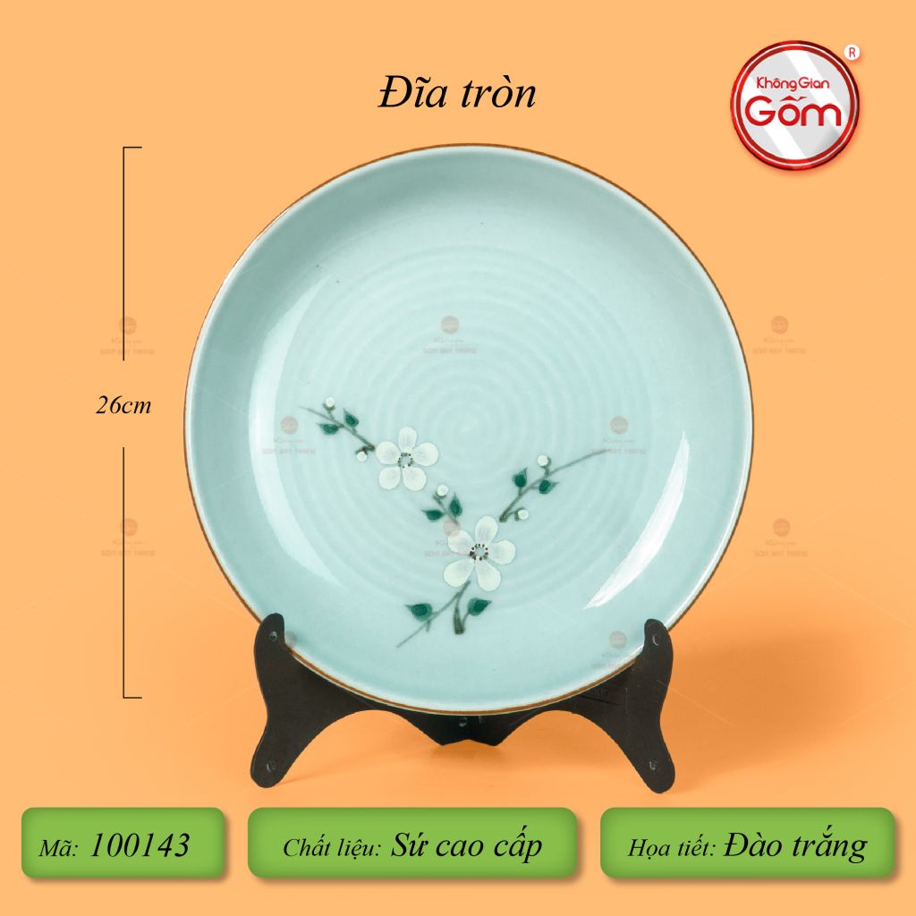 Đĩa Tròn Men Ngọc Hoa Đào Trắng
