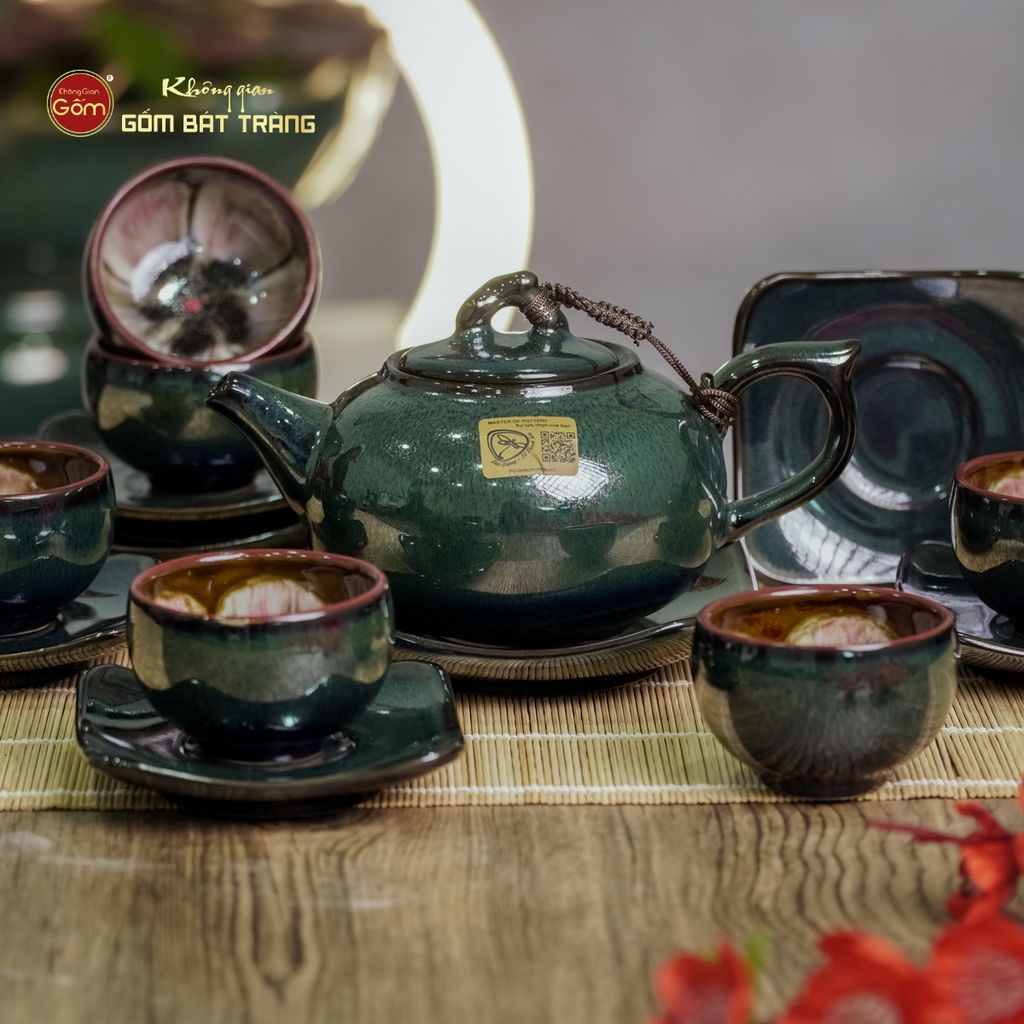 Bộ Ấm Chén Men Hỏa Biến Xanh Ngọc Quả Hồng