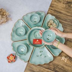 Bộ Bát Đĩa Hoa Mặt Trời Men Xanh Đào Trắng