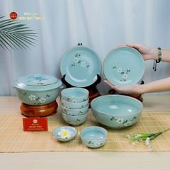 Bộ Bát Đĩa Bát Tràng Men Ngọc Hoa Đào Trắng