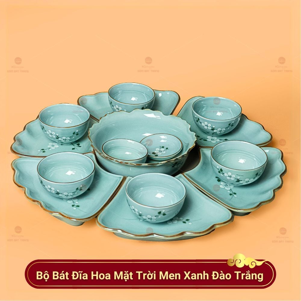 Bộ Bát Đĩa Hoa Mặt Trời Men Xanh Đào Trắng