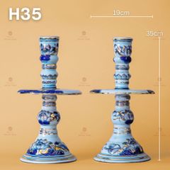 Đôi Chân Nến Thờ Men Lam Vẽ Vàng Hoạ Tiết Hoa Sen
