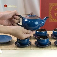Bộ Ấm Chén Tròn Hỏa Biến Xanh Dương Kẻ Vàng