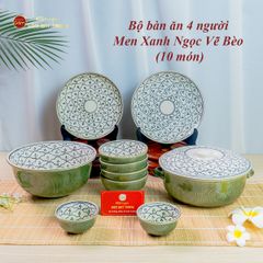 Bộ Bàn Ăn 4 Người (10 món) Men Xanh Ngọc Vẽ Bèo