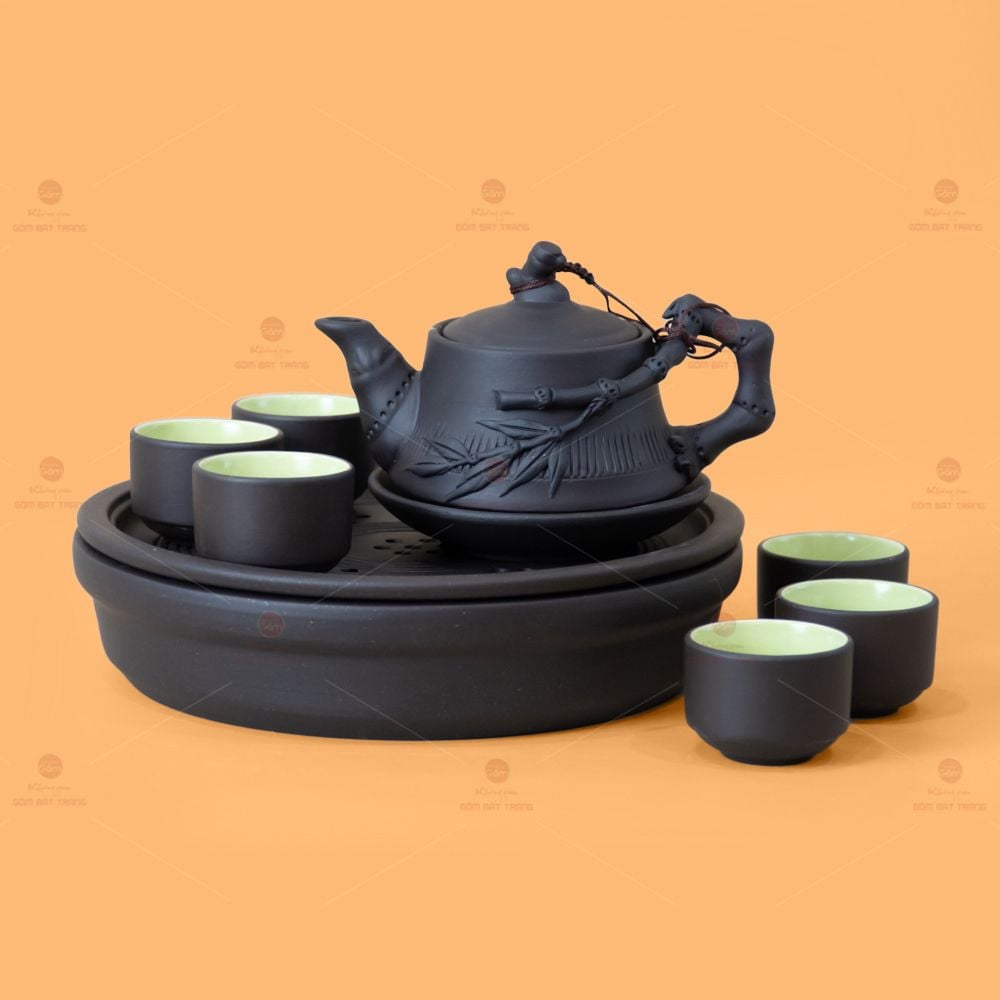 Bộ Ấm Trà Tử Sa Đắp Trúc Khay Thủng