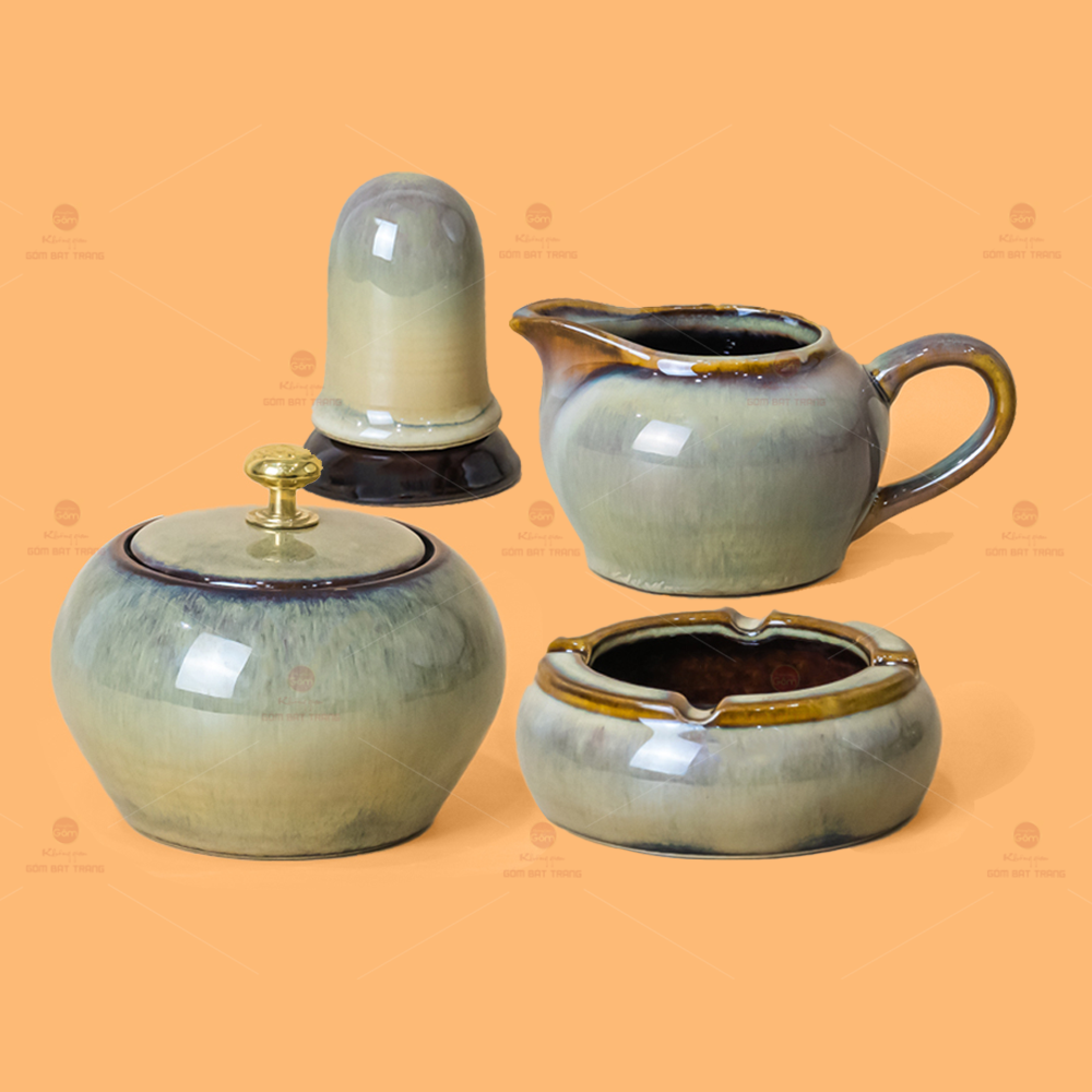 Bộ Ấm Trà Hồ Lô Gấm Men Hỏa Biến