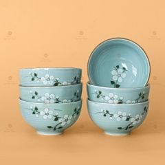Bộ Bát Đĩa Hoa Mặt Trời Men Xanh Đào Trắng