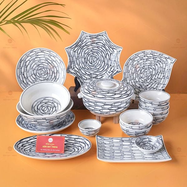 Bộ Bát Đĩa Bát Tràng Vẽ Cá Đàn
