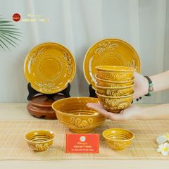 Bộ Bát Đĩa Men Nâu Vân Hoa Cúc
