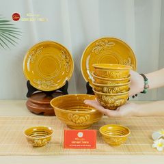 Bộ Bàn Ăn 4 Người (9 Món) Men Nâu Vân Hoa Cúc