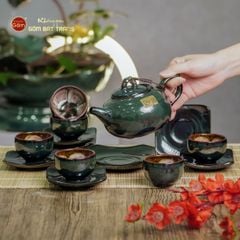 Bộ Ấm Chén Men Hỏa Biến Xanh Ngọc Quả Hồng
