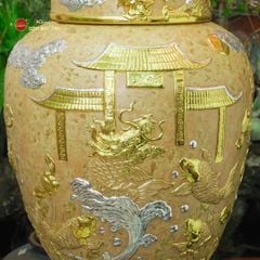 Chum Sành Cá Chép Vượt Vũ Môn Kim Sa Chạm Nổi Dát Vàng