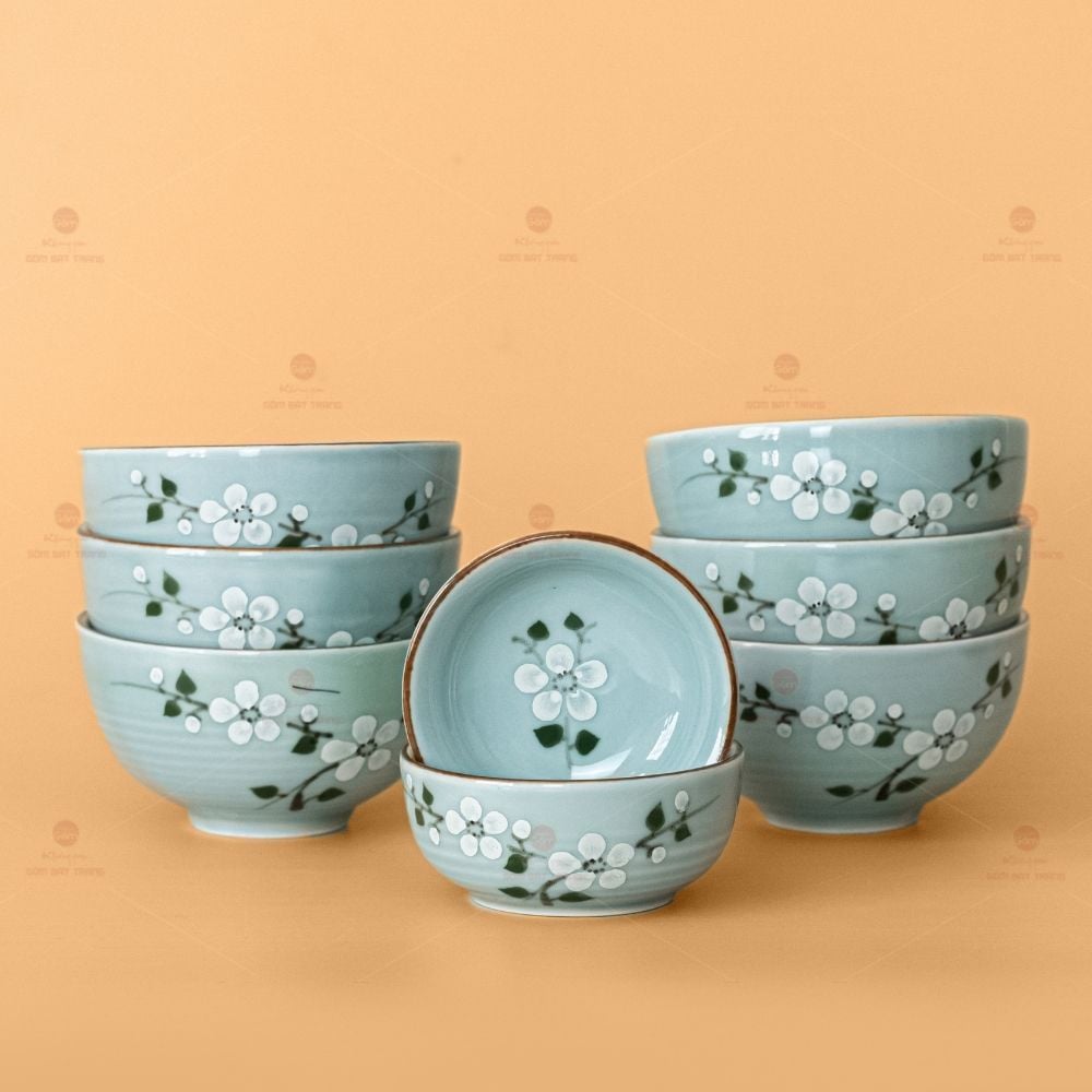 Bộ Bát Đĩa Hoa Mặt Trời Men Xanh Đào Trắng