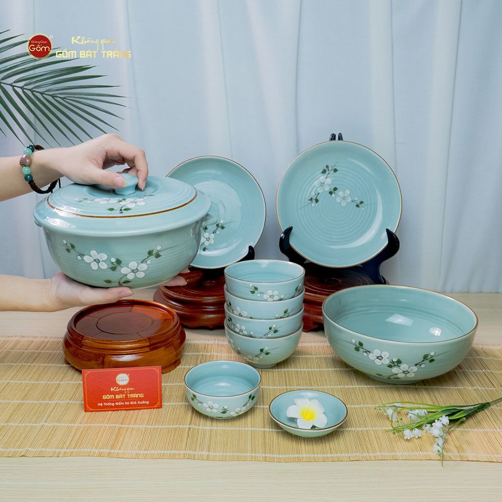 Bộ Bát Đĩa Bát Tràng Men Ngọc Hoa Đào Trắng