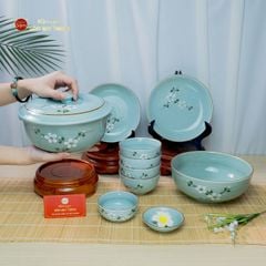 Bộ Bát Đĩa Bát Tràng Men Ngọc Hoa Đào Trắng