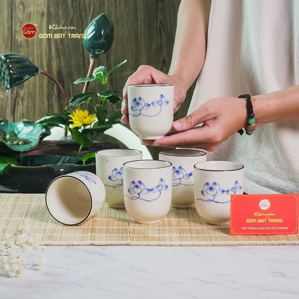 Cốc Uống Trà Dáng Thon Họa Tiết Hoa Sen