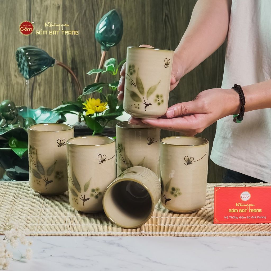 Cốc Uống Trà Dáng Trụ Họa Tiết Chuồn Trúc
