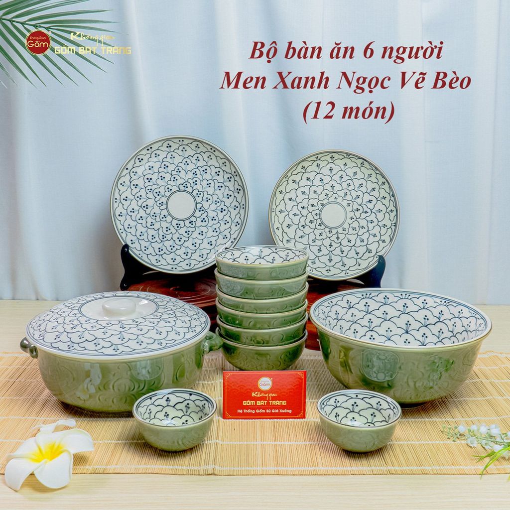 Bộ Bàn Ăn 6 Người (12 món) Men Xanh Ngọc Vẽ Bèo