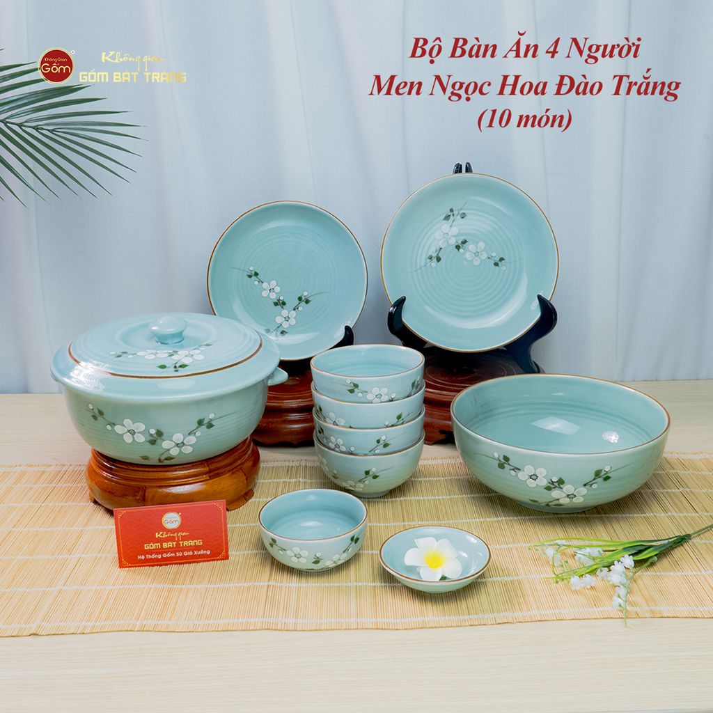 Bộ Bàn Ăn 4 Người (10 món) Men Ngọc Hoa Đào Trắng