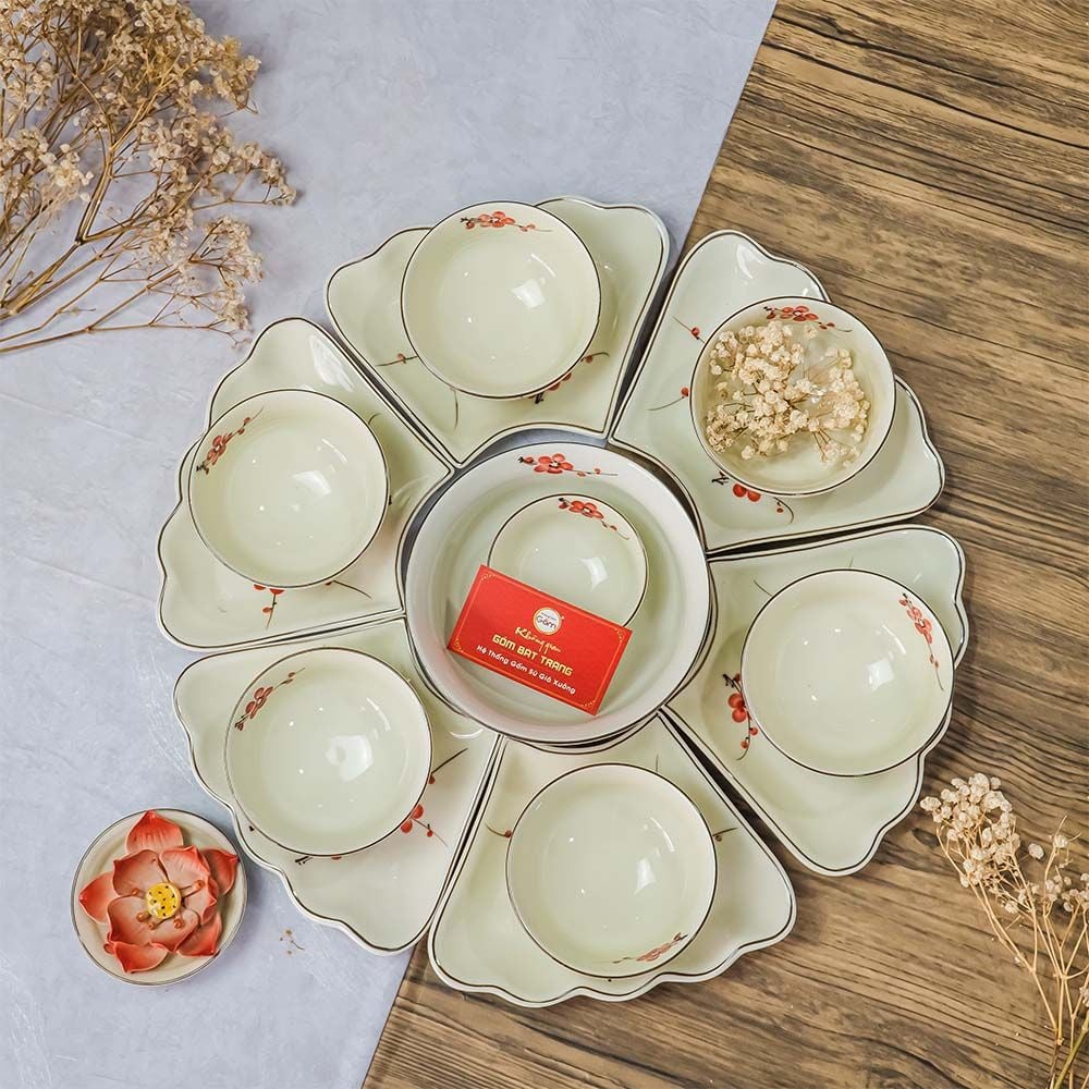 Bộ Bát Đĩa Hoa Mặt Trời Đào Đỏ