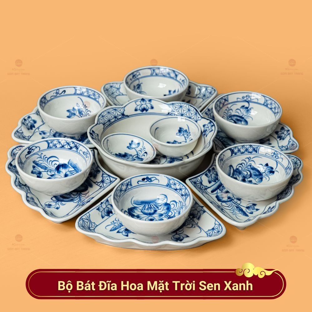 Bộ Bát Đĩa Hoa Mặt Trời Hoa Sen Xanh
