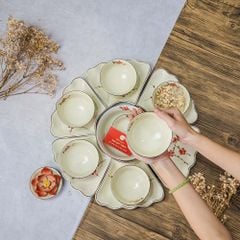 Bộ Bát Đĩa Hoa Mặt Trời Đào Đỏ