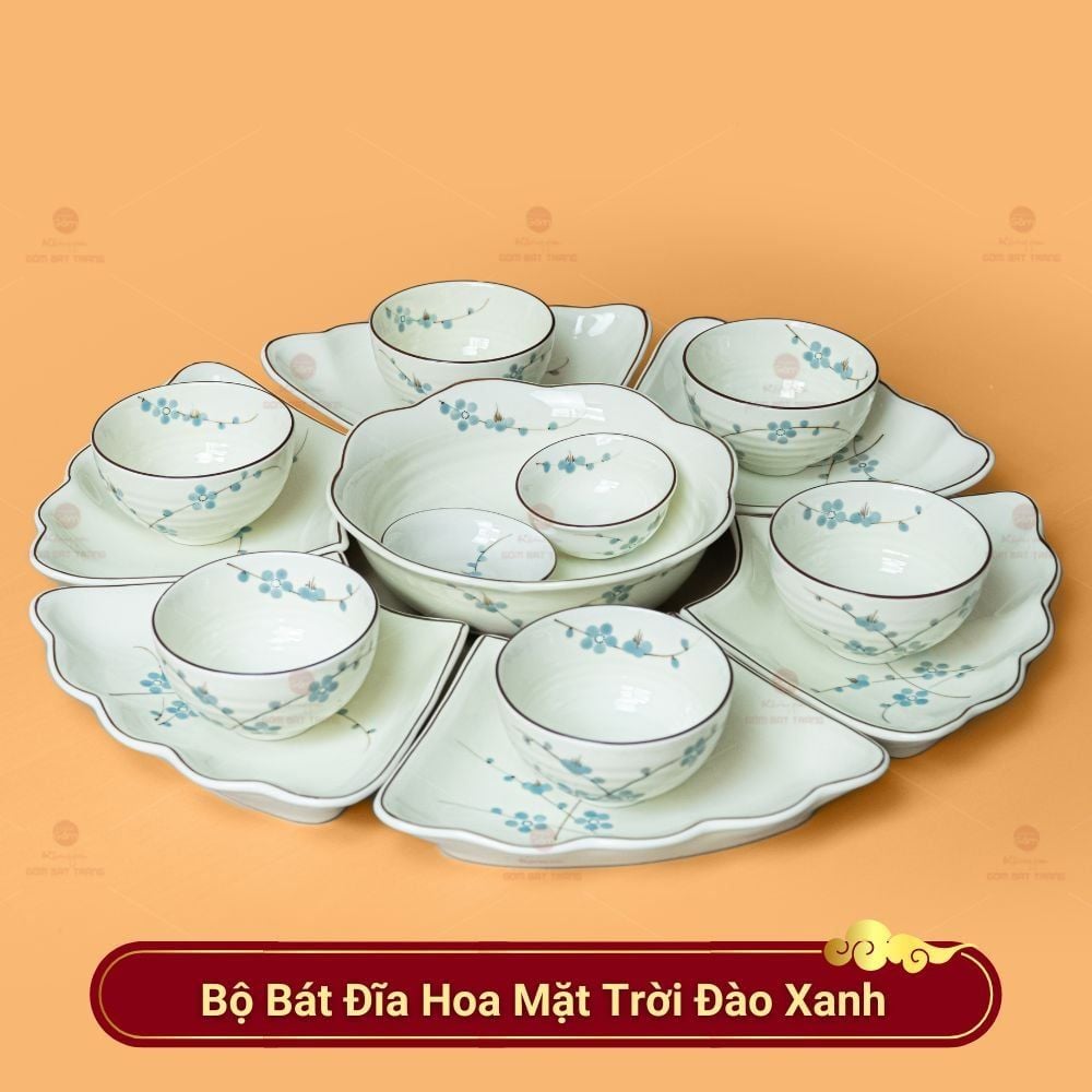 Bộ Bát Đĩa Hoa Mặt Trời Men Kem Hoa Đào Xanh