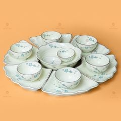 Bộ Bát Đĩa Hoa Mặt Trời Men Kem Hoa Đào Xanh