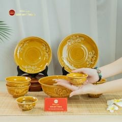 Bộ Bát Đĩa Men Nâu Vân Hoa Cúc
