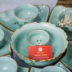 Bộ Bát Đĩa Hoa Mặt Trời Men Xanh Đào Trắng