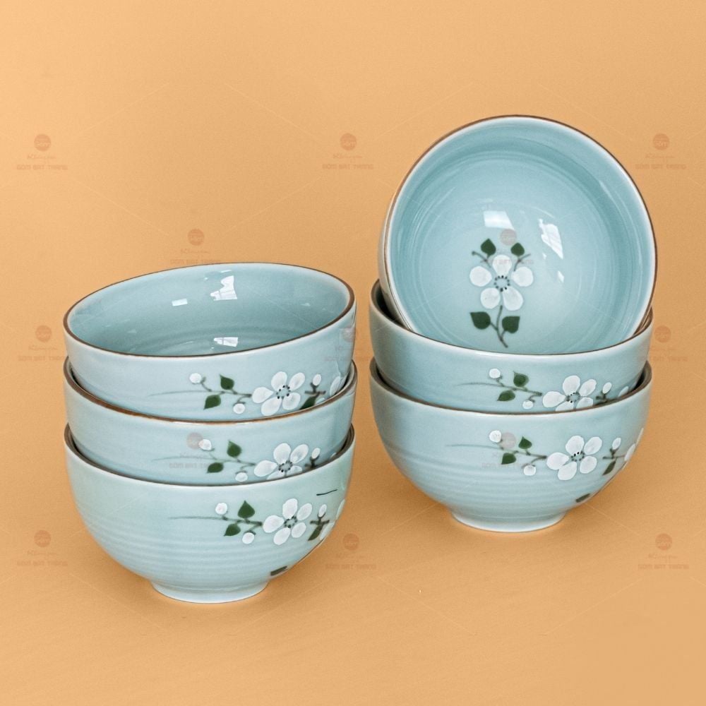 Bộ Bát Đĩa Hoa Mặt Trời Men Xanh Đào Trắng