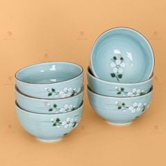 Bộ Bát Đĩa Hoa Mặt Trời Men Xanh Đào Trắng