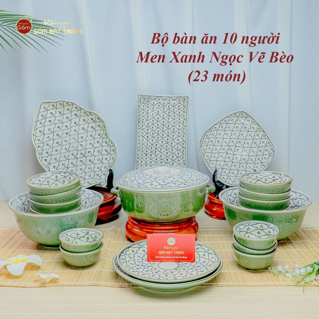 Bộ Bàn Ăn 10 Người (23 món) Men Xanh Ngọc Vẽ Bèo