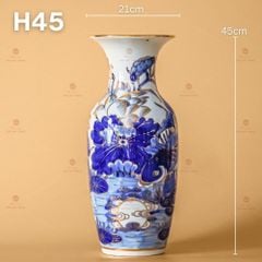 Lọ Hoa Miệng Loe Men Lam Vẽ Vàng Họa Tiết Hoa Sen