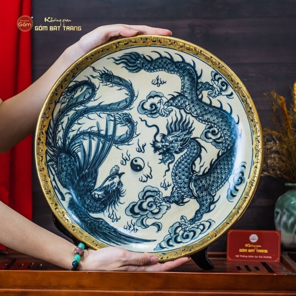 Đĩa Long Phụng Trình Tường Men Rạn Bọc Đồng