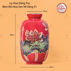 Lọ Hoa Dáng Trụ Men Đỏ Hoa Sen Vẽ Vàng