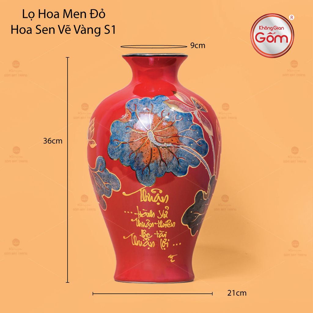 Lọ Hoa Men Đỏ Hoa Sen Vẽ Vàng