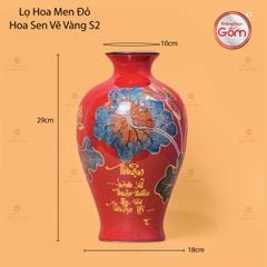 Lọ Hoa Men Đỏ Hoa Sen Vẽ Vàng